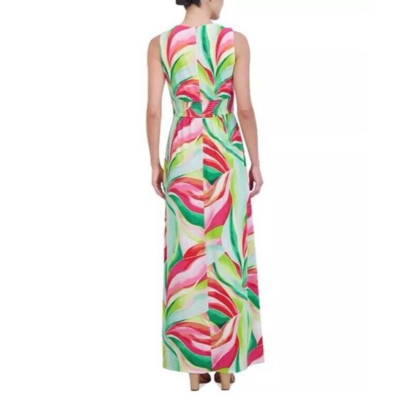 Jessica Howard Maxi Dress Sz 6 Green Pink Tropical Floral Front Knot V-Neck - Picture 4 of 11
